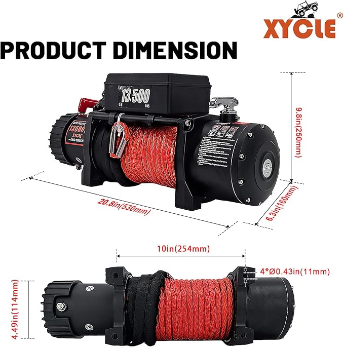 Winch13500lbs 12V Waterproof Electric Winch Synthetic Rope Electric Winch Towing Winch Boat Trailer Winch SUV 4-Wheel Drive Off-Road Vehicle with Remote Control 3/8 Synthetic Rope (Red)