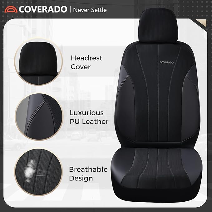 Coverado Car Seat Covers Full Set, Automotive Seat Covers 5-Piece, Leather Car Protectors 5 Seats, Black Auto Seat Covers Spill-Proof Design Universal Fit for SUV, Vans, Sedan, Truck