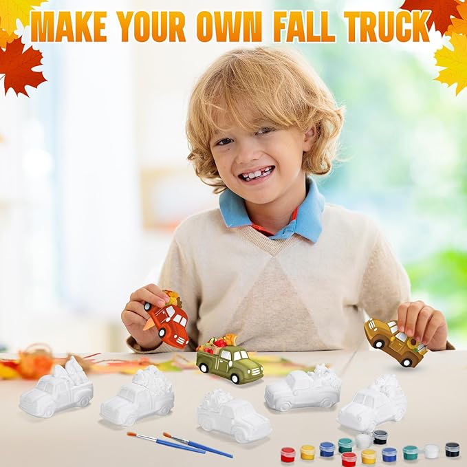 JellyArch 6 Set Fall Thanksgiving DIY Ceramic Painting Kit 3D Ready to Paint Your Own Truck with Pumpkins Turkey Maple Leaf Statues Unpainted Plaster Craft with Brush Paint Bag for Adult