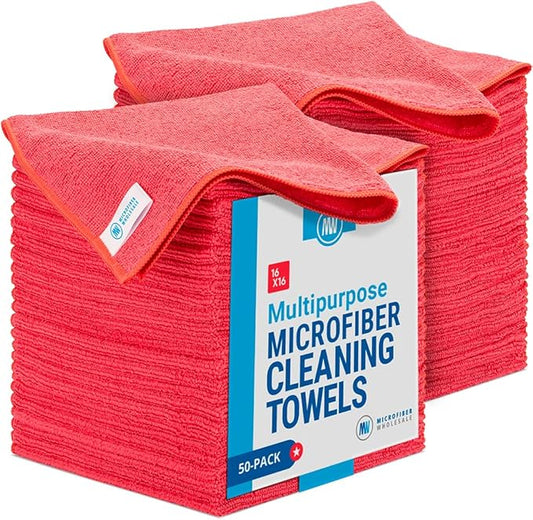 Microfiber Wholesale 16" x 16" All Purpose Microfiber Towels - 50 Pack Reusable Wash Cloths, Dust, Kitchen, Car, Shop Rags for Cleaning (Red)