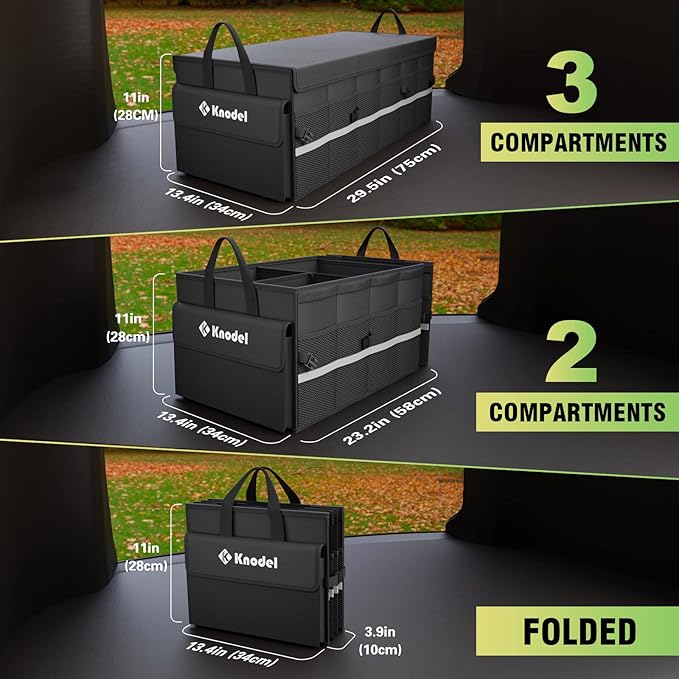 K KNODEL Car Trunk Organizer with Lid, 3 Compartments Collapsible Car Trunk Storage Organizer, Large Car Organizer and Storage for SUV, Truck, Sedan (Large, Black)
