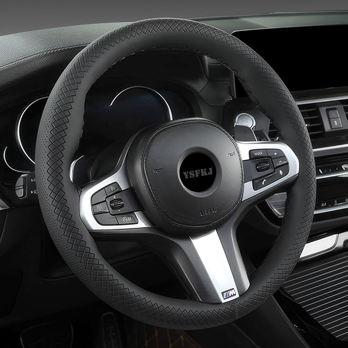 Black Leather Steering Wheel Cover, Stitch On Wrap, Breathable Cowhide Car Steering Wheel Cover, Standard Size 15 Inch (Type C)