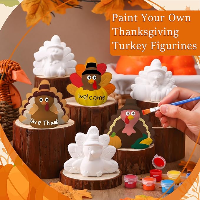 Eersida 6 Sets Thanksgiving Turkey Ceramics to Paint Ready to Paint Your Own Ceramic Turkey Statues DIY Unpainted Ceramics Paintable Thanksgiving Figurines Kit Crafts with Brush Palette