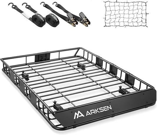 ARKSEN 54 x 39 x 5 Inch Upgrade Universal Roof Rack with Cargo Net, 2 Ratchet Straps,150Lbs Capacity Heavy Duty Rooftop Cargo Carrier with Extension for Car, SUV & Pickup