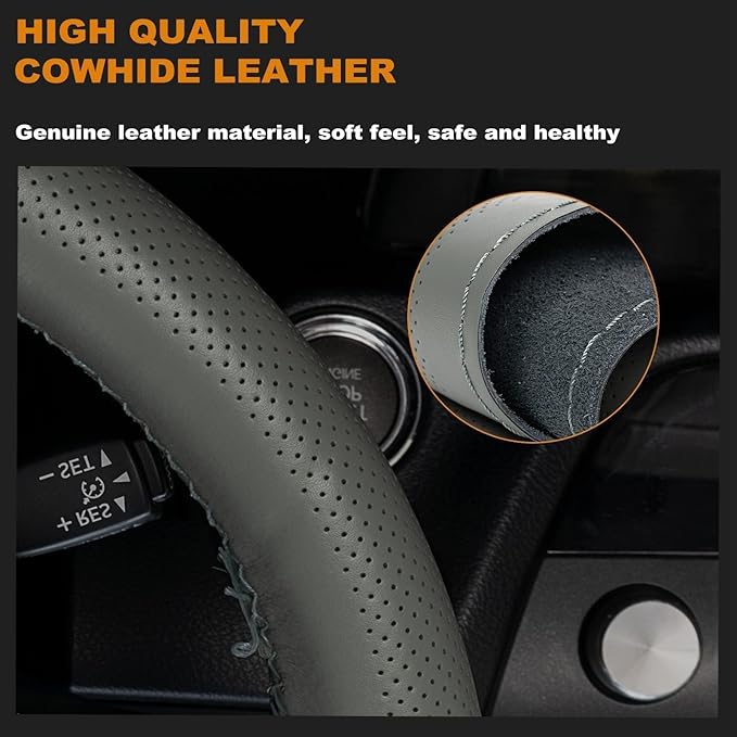 AUTOXBERT 38cm/15 Inch Genuine Leather DIY Steering Wheel Cover Soft Hand Sewing On Wrap Cover with Needles Thread fit for VW Ford Nissan Kia Vauxhall