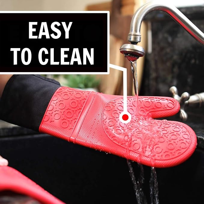 Homwe Silicone Oven Mitts and Potholders (4-Piece Sets) Heavy Duty Cooking Gloves, Kitchen Counter Safe Trivet Mats | Advanced Heat Resistant, Non-Slip Textured Grip Pot Holders(Red)