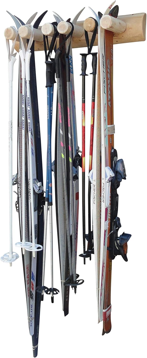 6-Place Log Ski Rack Wall Mount, Indoor Ski Storage Rack for Garage Organizers, Wooden Skis Wall Mount Storage Racks, Pole Skis Sports Racks, Garage Organization Walls - Unfinished