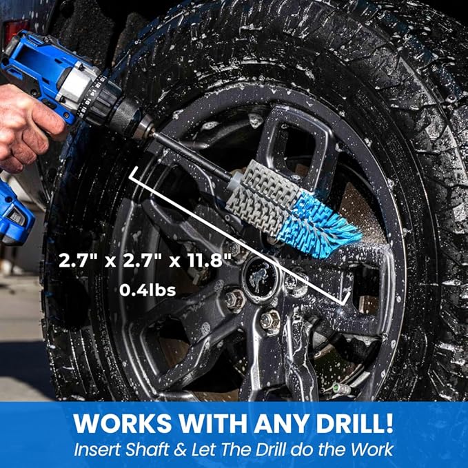 Long Reach Drill Brush Attachment, All Purpose for Car Tires, Wheels, Wheel Wells, Engine Bays, Exhaust Pipes, Running Boards, Hard to Reach Areas, with Heavy Duty Non-Scratch Nylon Bristles