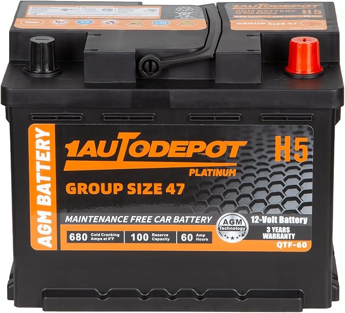 BCI Group 47 Car Battery, 12V 60Ah Size H5 Automotive Battery Premium Maintenance Free AGM Batteries, 680CCA, 100RC