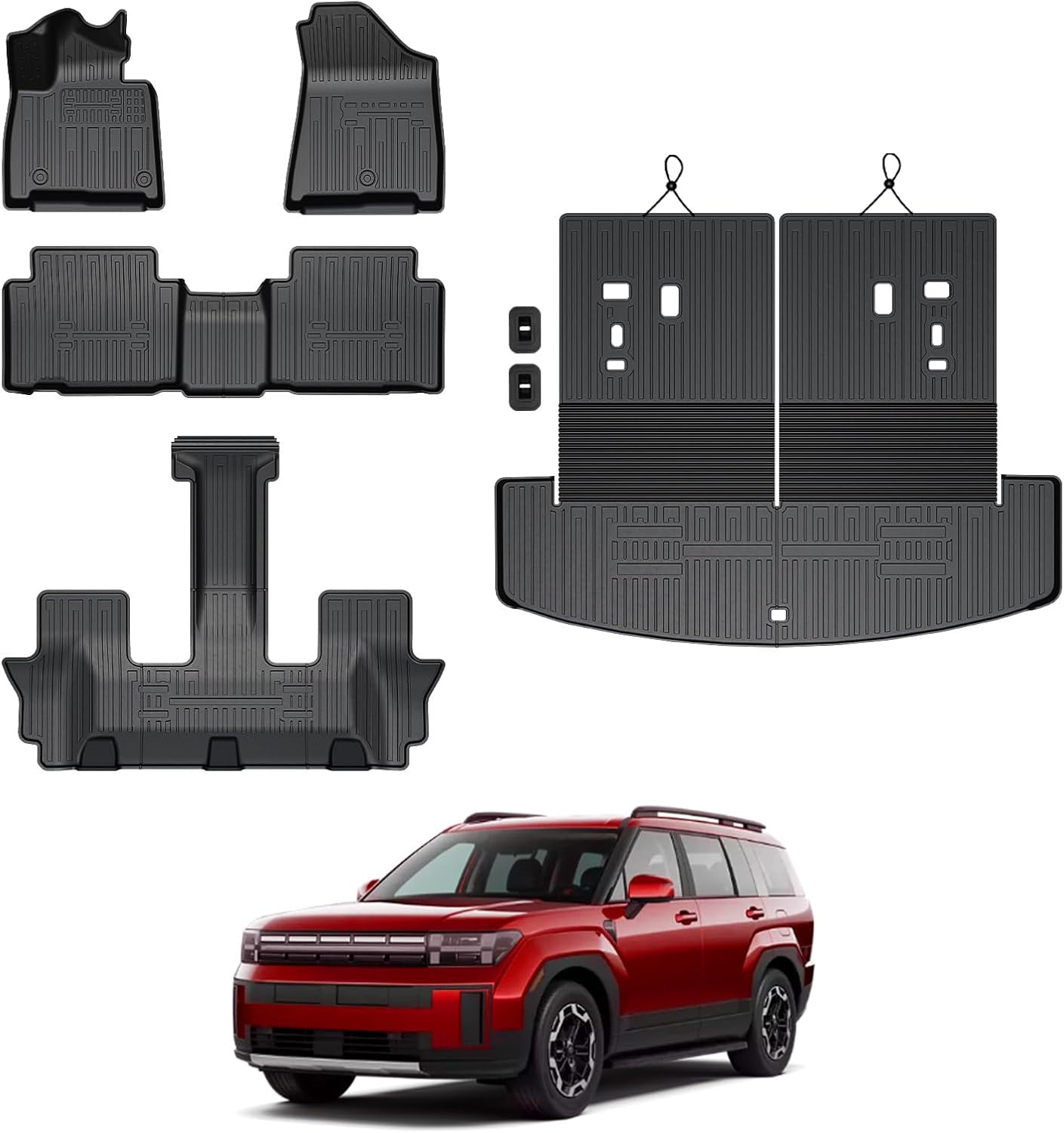 Floor Mats for 2024 2025 2026 Hyundai Santa Fe 6-Seat/7-Seat (Fit Hybrid and Fuel), All Weather TPE Floor Mat and 2-in-1 Cargo Mat with Backrest Mat for Santa Fe Accessories