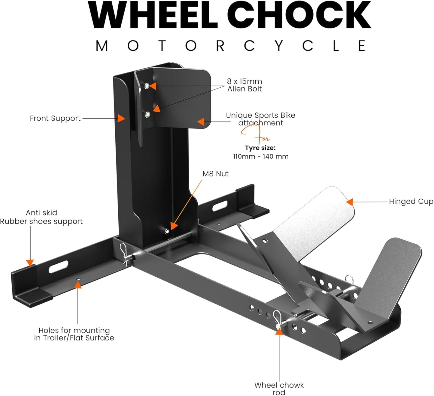 GRAND PITSTOP Universal Wheel Chock for Motorcycle Stand for Trailer Completely Adjustable Detachable Foldable Wheel Chock (Black V2)