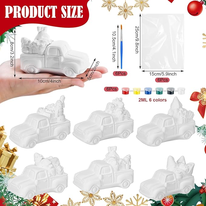 JellyArch 6 Set Christmas DIY Painting Kit Ceramic 3D Ceramic Truck to Paint Your Own Truck with Snowman Reindeer Claus Statues Unpainted Plaster Craft with Brush Paint Bag for Adult