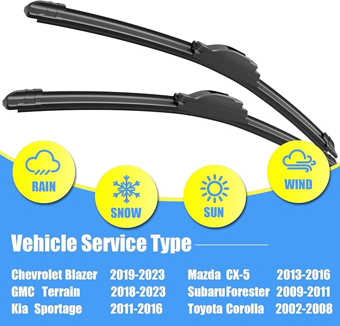 Gavimnal® 24"+18" Silicone Wiper Blades Replacement For Toyota Corolla 2002-2008 Chevrolet Blazer 2019-2023 GMC Terrain 2018-2023 Mazda CX5 13-16,All-Season Front Windshield Wiper Blades(Set of 2)