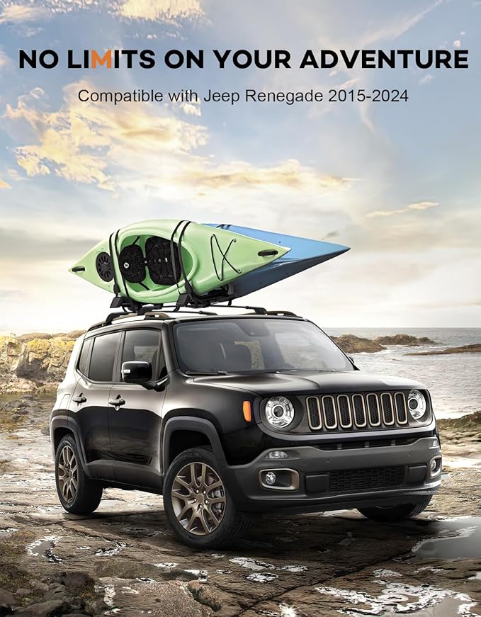 Lockable Roof Rack Cross Bars 220lbs Compatible with 2015-2024 Jeep Renegade (with Raised Side Rails), Heavy Duty Aluminum Roof Rails Crossbars Cargo Canoe Black Rooftop Cargo.