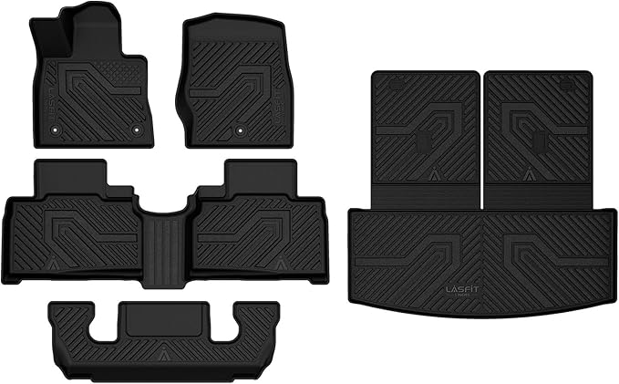 LASFIT Floor Mats & Cargo with Backrest Mat for Ford Explorer 2020-2021 6 Passenger, Custom Fit All Weather Protector TPE Easy Clean Floor Liners, 5pcs Full Set Black
