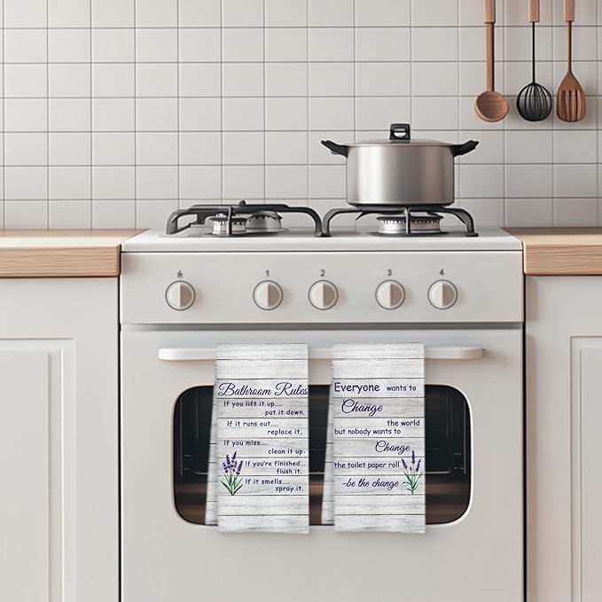 Funny Bathroom Rules Decorative Hand Towels Set of 2, Rustic Farmhouse Hand Towels for Bathroom Decor, 16x24 Inch(Lavender Style)