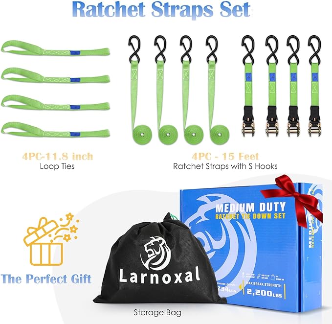Ratchet Straps 4 Pack - 2,200 Lbs Break Strength 1 in x 15 Ft Medium Duty Ratchet Tie Down Straps with S Hooks Set for Truck, Cargo Van, Trailer, Motorcycle (Green)