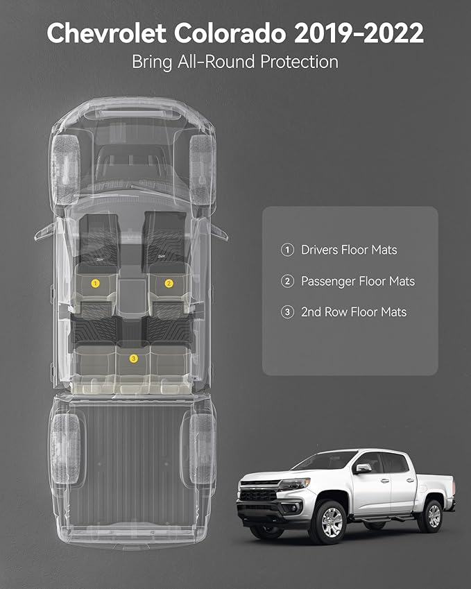 3W Floor Mats Fit for 2015-2022 Chevy Colorado Crew Cab/GMC Canyon Crew Cab, Full TPE All Weather Chevy Colorado Car Mats 1st & 2nd Row Custom Fit Accessories for Chevrolet/GMC, Black
