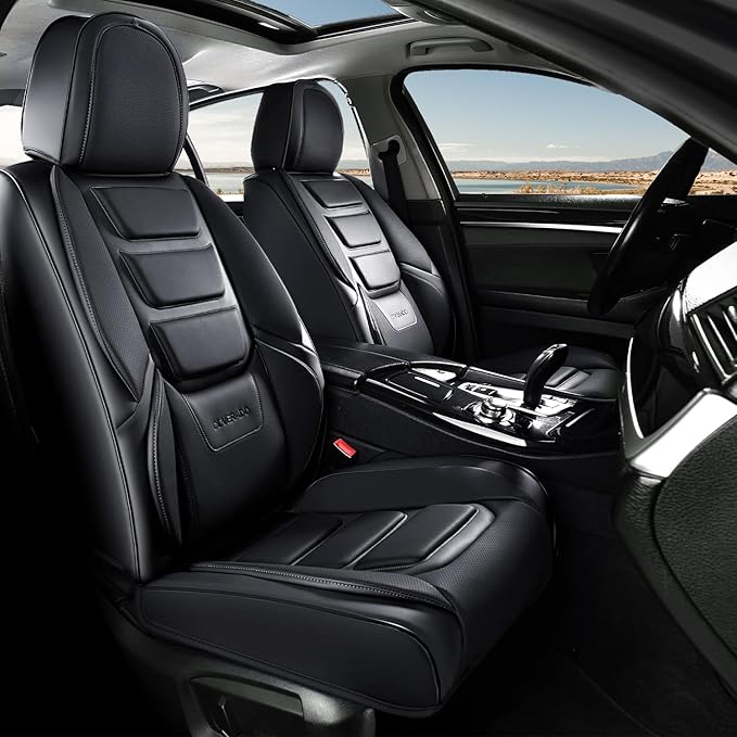 Coverado Car Seat Covers Full Set, Seat Covers for Cars, Front Seat Covers and Back Seat Cover Waterproof Leather Automotive Seat Cover, Universal Car Interior Protectors Cushion for Most Cars Black