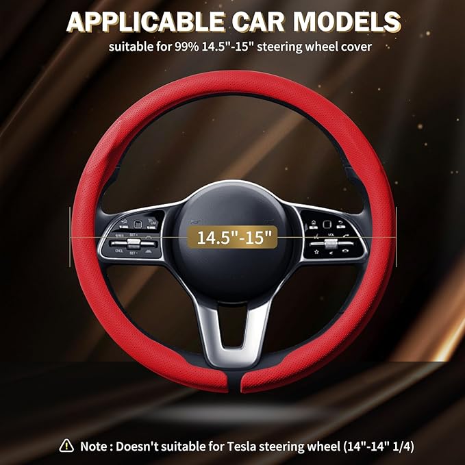 Aimato Nappa Leather Steering Wheel Cover, Ultra-Thin Car Steering Wheel Cover,Comfortable & Breathable Microfiber,Universal Fit for Most Cars, Red