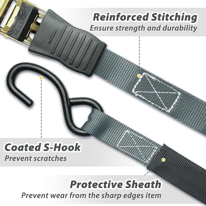 Ratchet Tie Down Strap 15 Ft - 500 lbs Load Cap with 1500 lbs Breaking Limit, Ohuhu Ratchet Tie Downs Logistic Cargo Straps for Moving Appliances, Motorcycle (Grey, 8-Pack)