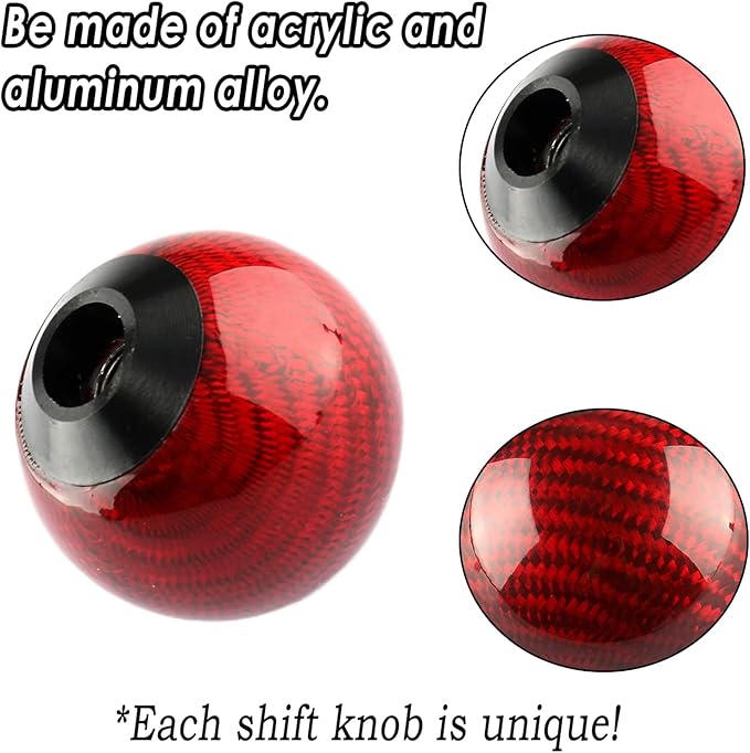 Round Ball Shift Knob 5 6 Speed Carbon Fiber Gear Shifter Knob for Manual Automatic Vehicles with Adapters M12x1.25 M8x1.25, M10x1.25, M10x1.5 (Red)