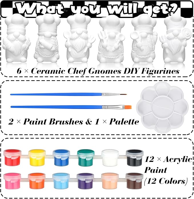 Eersida 6 Sets Christmas Chef Ceramics to Paint Black and White Chef Gnome Ready to Paint Your Own Ceramic Xmas Statue DIY Unpainted Ceramic Paintable Christmas Figurines Kit Crafts with Brush Palette