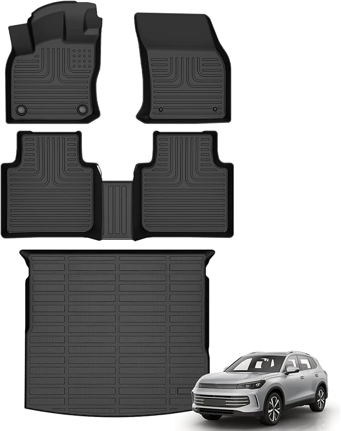 Floor Mats & Cargo Liner for Volkswagen Tiguan 2018-2024 All Weather Automotive TPE Liners Set Anti-Slip Waterproof Floor Liners Accessories (Car Mats+Trunk Mat) Black