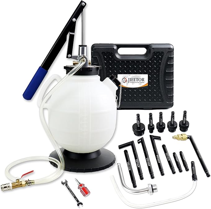 JIFETOR Transmission Fluid Refill Pump ATF Transfer Tool Kit, Manual Gearbox Oil Filler Set with 7.5L Oil Filling Can Dispenser 15PCS ATF Adapters Compatible with Ford Audi Mercedes Benz VW BMW
