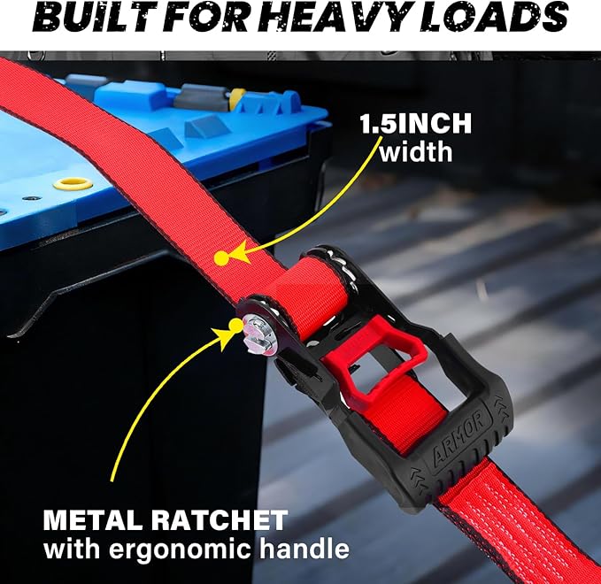 Ratchet Straps Heavy Duty (4 Pack) - 5,250 Break Strength Motorcycle Strap Tie Downs with 15ft Soft Loops -1.5in x 8ft Ratchet Tie Down Straps for Motorcycles, Truck, Cargo -Safety S Hook, Storage Bag