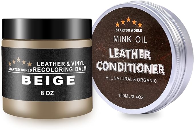 STARTSO WORLD Leather Recoloring Balm with Mink Oil Leather Conditioner, Leather Repair Kit for Couches,Beige Leather Dye for Furniture, Car Seat, Sofa, Shoes, Vinyl