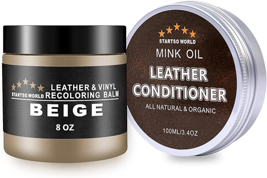 STARTSO WORLD Leather Recoloring Balm with Mink Oil Leather Conditioner, Leather Repair Kit for Couches,Beige Leather Dye for Furniture, Car Seat, Sofa, Shoes, Vinyl