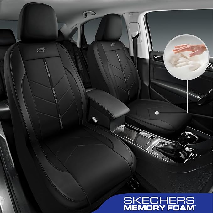 Skechers Car Seat Covers,Luxury Faux Leather Seat Covers,Waterproof Anti Slip Car Seat ProtectorFull Set,Car Accessories Airbag Universal Fit for Most Cars,Vans,Trucks,SUV,Black