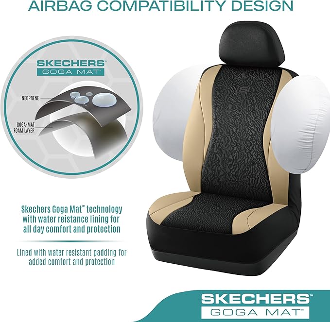 Skechers Car Seat Covers,Leather Seat Covers with GOGA Mat Technology,Waterproof Car Seat Covers Front Seats,Airbag Compatible,Comfort Universal Fit for Most Cars,Vans,Trucks,SUVs,Beige