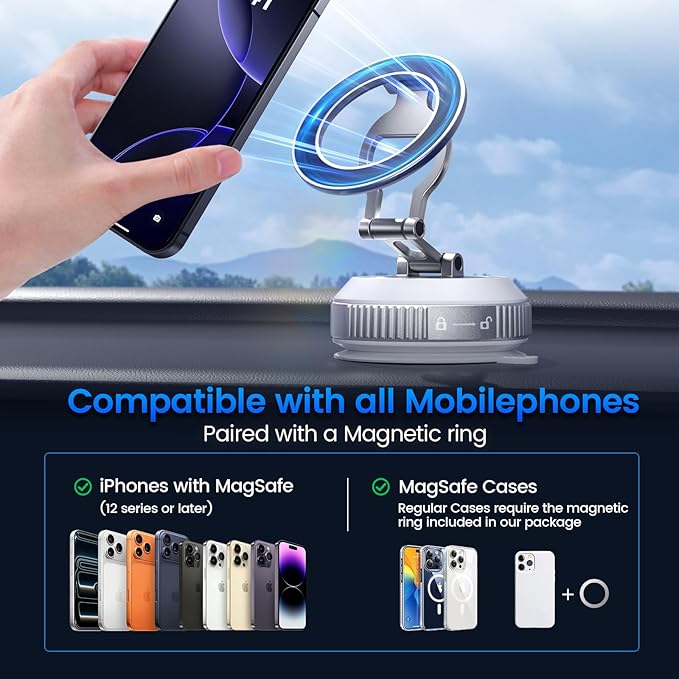 Tri-Folding Car Phone Holder for Magsafe[80+LBs Strongest Suction & 2850gf Strongest Magnetic], 360°Adjustable Phone Holders for Car, Suction Cup Phone Mount for iPhone17 Pro Max/16/15/14Series，Silver