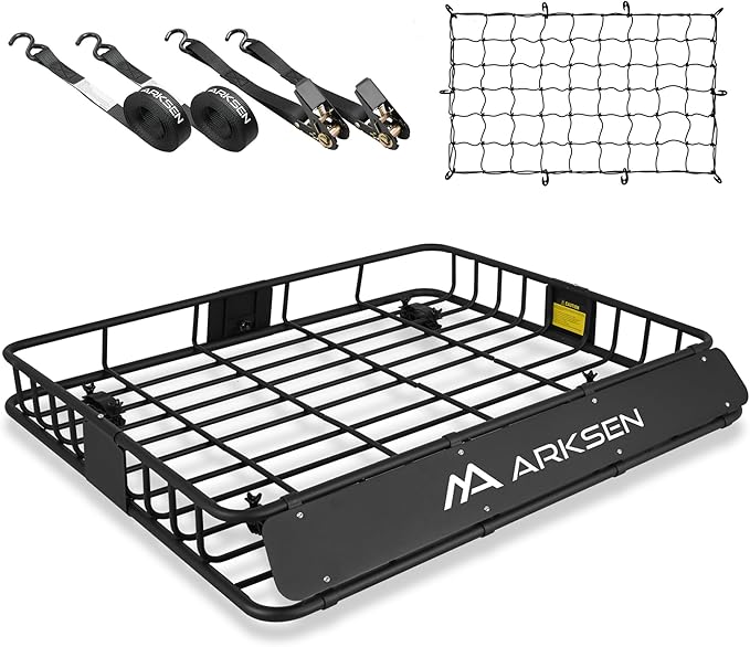 ARKSEN 43 x 50 x 6 Inch Universal Extra Wide 150LB Heavy Duty Roof Rack Cargo with Ratchet Straps, Cargo Net, Car Top Luggage Holder Carrier Basket for SUV, Truck, & Car Steel Construction