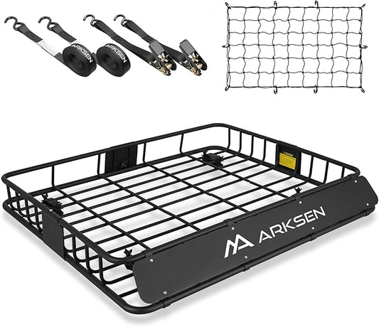 ARKSEN 43 x 50 x 6 Inch Universal Extra Wide 150LB Heavy Duty Roof Rack Cargo with Ratchet Straps, Cargo Net, Car Top Luggage Holder Carrier Basket for SUV, Truck, & Car Steel Construction