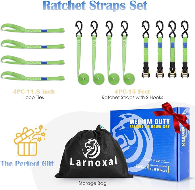 Ratchet Straps 4 Pack - 1,826 Lbs Break Strength 1 in x 15 Ft Medium Duty Ratchet Tie Down Straps with S Hooks Set for Truck, Cargo Van, Trailer, Motorcycle (Green)