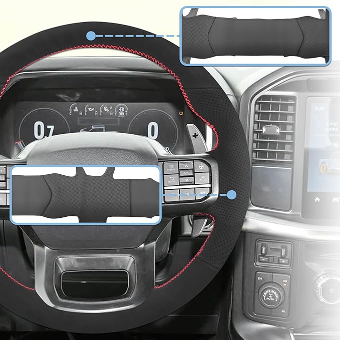 Microfiber Leather Hand Sewn Steering Wheel Cover Compatible with Ford F-150 XL/XLT/Limited 2021 2022 DIY Steering Wheel Protector On Wrap