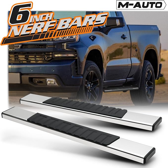 M-Auto 6.75" Running Boards Side Step Bars Compatible with 2019-2025 Chevy Silverado GMC Sierra 1500 2500HD 3500HD Regular Cab, Stainless Steel Side Step Nerf Bars, Polished Chrome