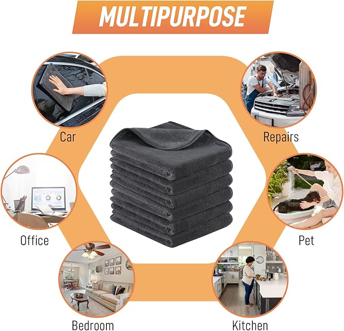 SINLAND Microfiber Car Drying Towels Ultra Absorbent,No Streaks,Scratches, or Water Spots,Wash Cleaning Auto Detailing Towels 380gsm 16inch x 24inch 6 Pack Grey