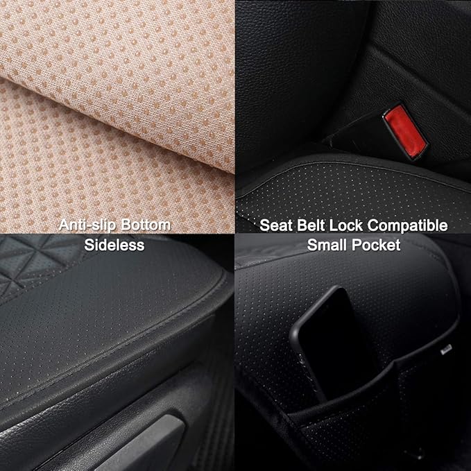 Black Panther 1 Pair Luxury PU Car Seat Covers Protectors for Front Seats, with Partial Backrest Coverage (Middle Part Only), Triangle Pattern, Compatible with 95% Cars - Beige