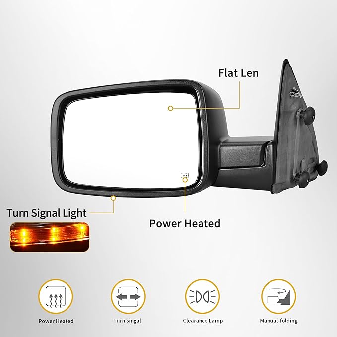 DWVO Towing Mirror fit 2009 2010 2011 2012 2013 2014 2015 2016 2017 2018 Dodge Ram 1500, 2010-2017 Ram 2500 3500, Side Mirror with Power Heated Turn Signal Light Filpup Pair Set