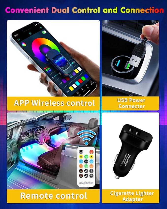 RGB 72 LED Interior Car Strip Lights with Smart APP Control, 2 Lines Design Music Sync Under Dash Footwell Neon Internal Lighting,12V LED Strip Lights for Cars, Trucks, SUVs with Car Charger(1 Set)