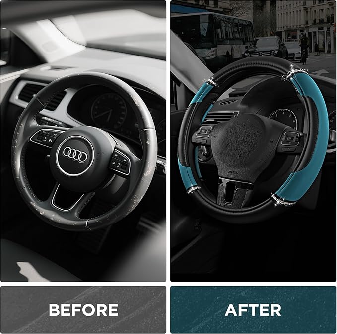 Road Comforts Leather Steering Wheel Cover - Made with PVC Leather - Anti-Slip, Universal Fit 14 1/2 inches to 15 inches - Dark Blue