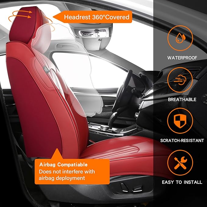 Red Car Seat Covers,Leather Car Seat Cover, Waterproof Seat Covers Full Set, Fit RAV4 Accord Altima Rogue CX5 CRV Wine Red