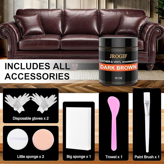 Leather Recoloring Balm, Leather Repair Kit for Furniture, Leather Dye, Leather Color Restorer for Couches, Leather Scratch Remover, Leather Paint for Furniture (10 OZ Dark Brown)