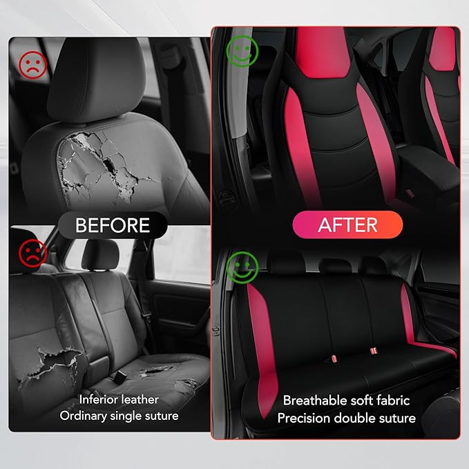 Road Comforts Car Seat Cover, Leather Seat Cover Full Set, Automotive Interior Seat Covers, Universal Fit for Most Cars, SUVs, Trucks, and Vans, Airbag Compatible (Hot Pink)