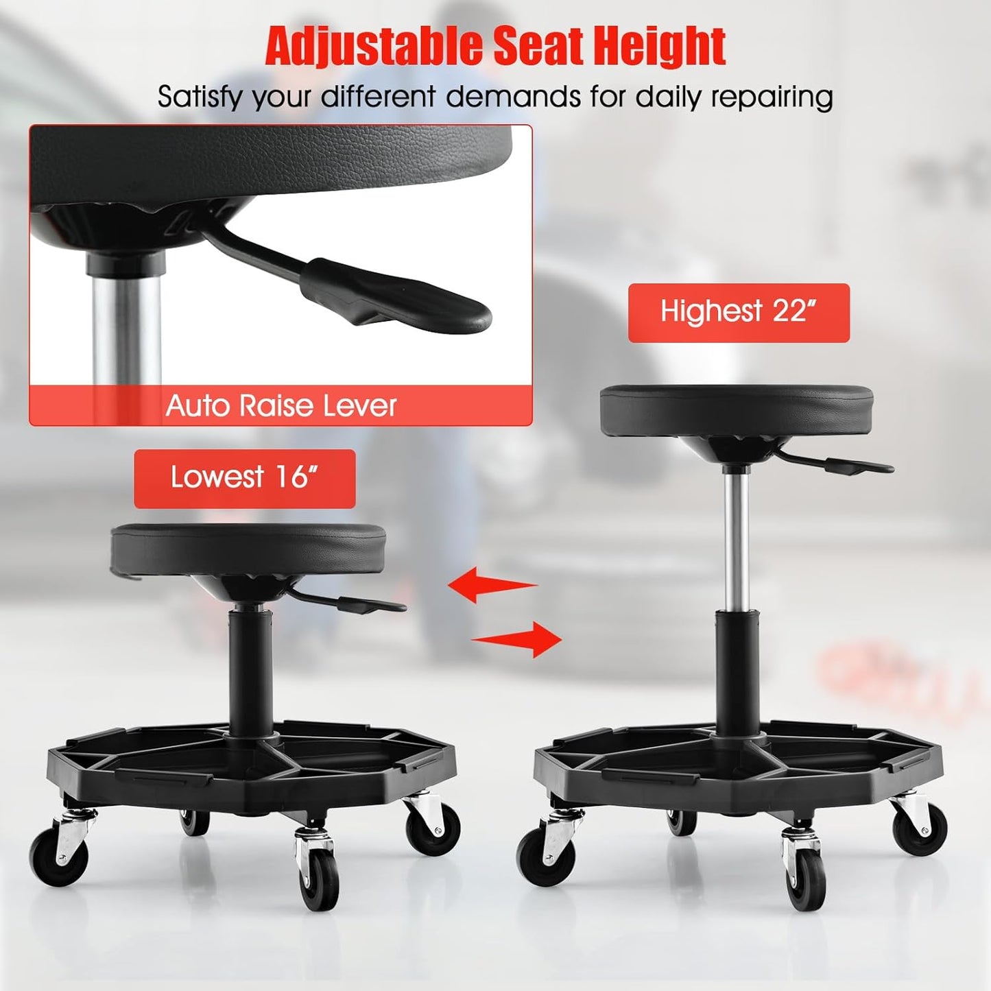 IRONMAX Rolling Mechanic Stool, Adjustable Shop Stool Creeper Seat with Removable Tool Tray, Padded Plush Cushion, Universal Wheels, Heavy Duty Metal Frame, 330 LBS Max Load (Black)