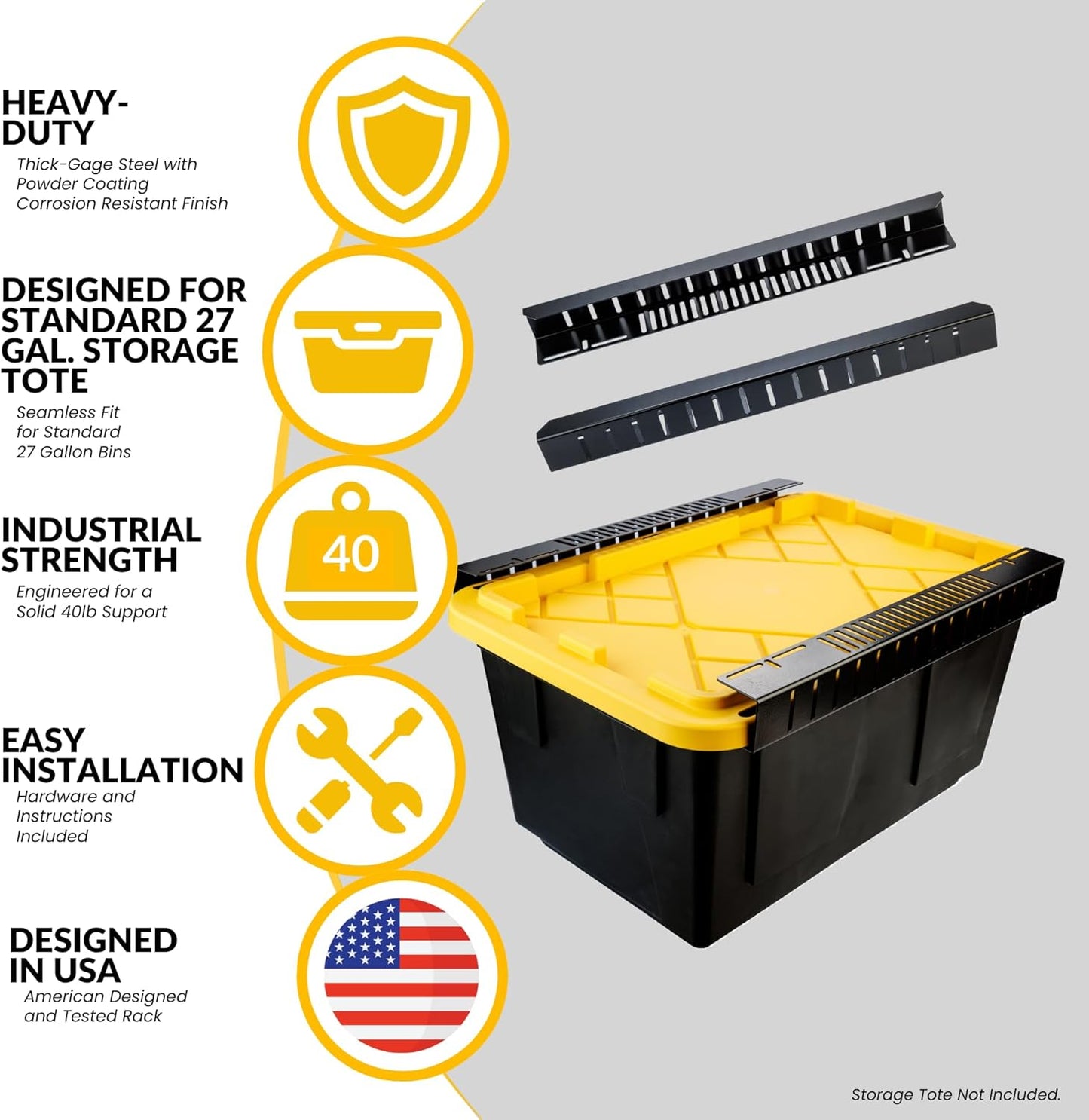 Overhead Bin Rack - Ceiling Mount Overhead Garage Storage Rack | Adjustable Width and Orientation | Heavy Duty Ceiling Bin Storage Rails | Fits Black & Yellow Storage Bins | USA Designed (2 Bins)